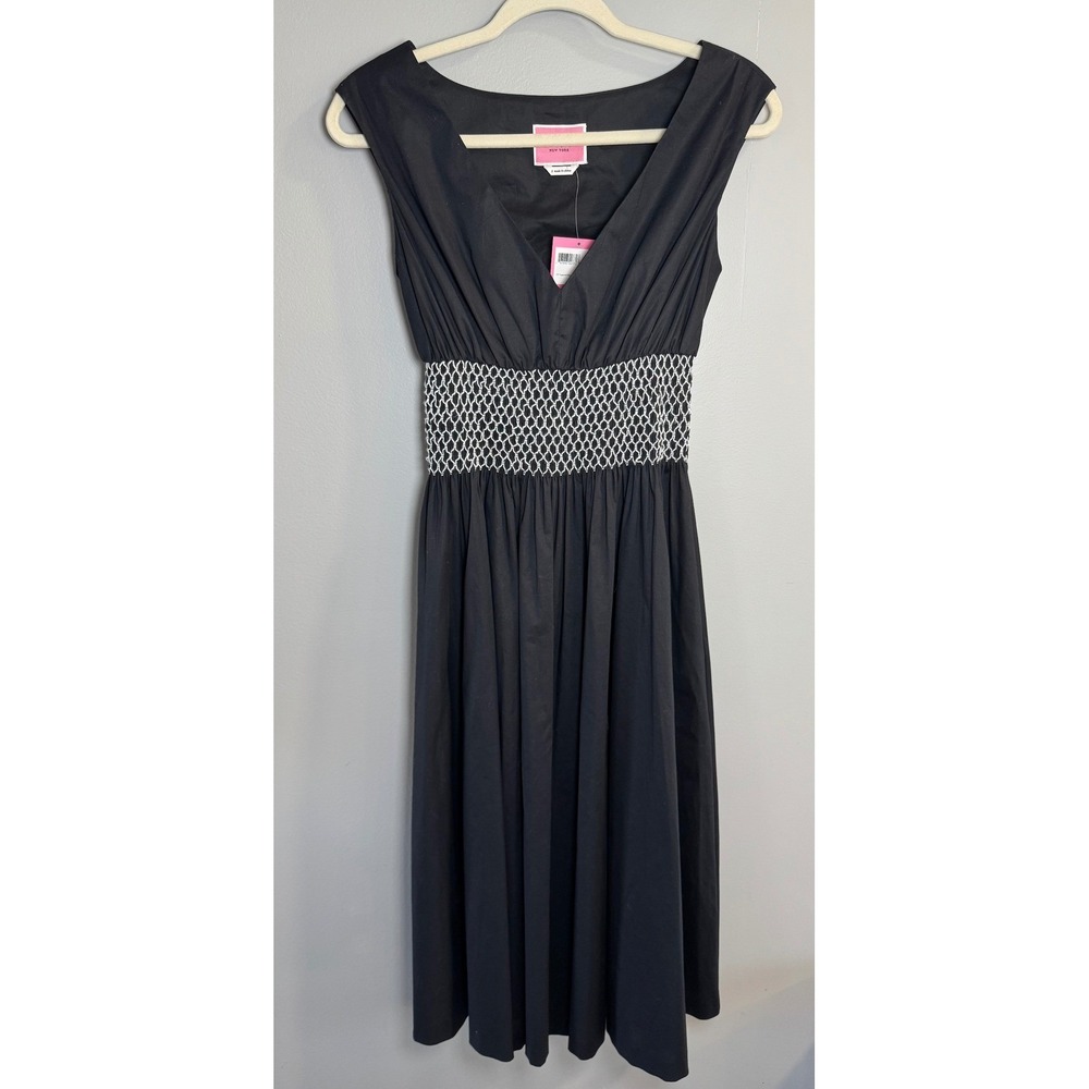 NWT Kate Spade New York Black V Neck Poplin‎ Midi Dress Elastic Waist Size S